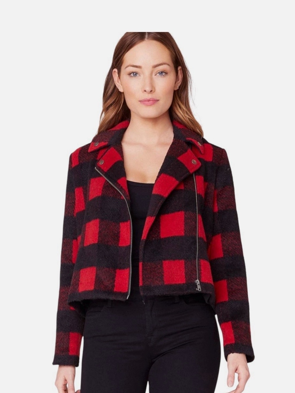 Jack by BB Dakota Red & Black Plaid Cropped Leather-Style Jacket